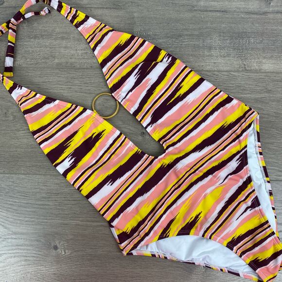 VIX by Paula Hermanny Brown&Yellow Watercolor Stripe Deep Plunge One Piece Sz.L - Picture 1 of 12